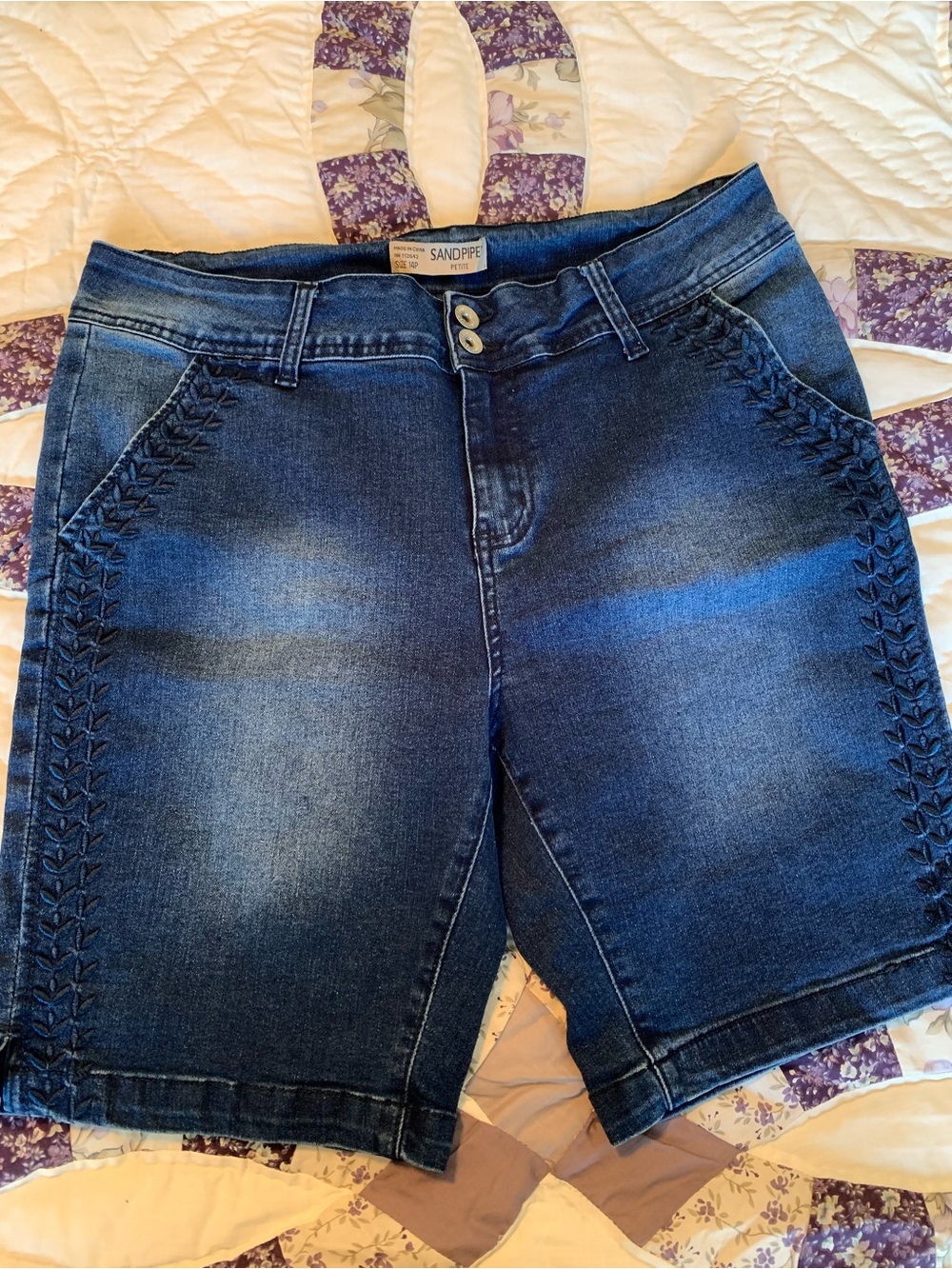 Sandpiper Dark Wash Denim Bermuda Shorts with Side Embroidered Detail